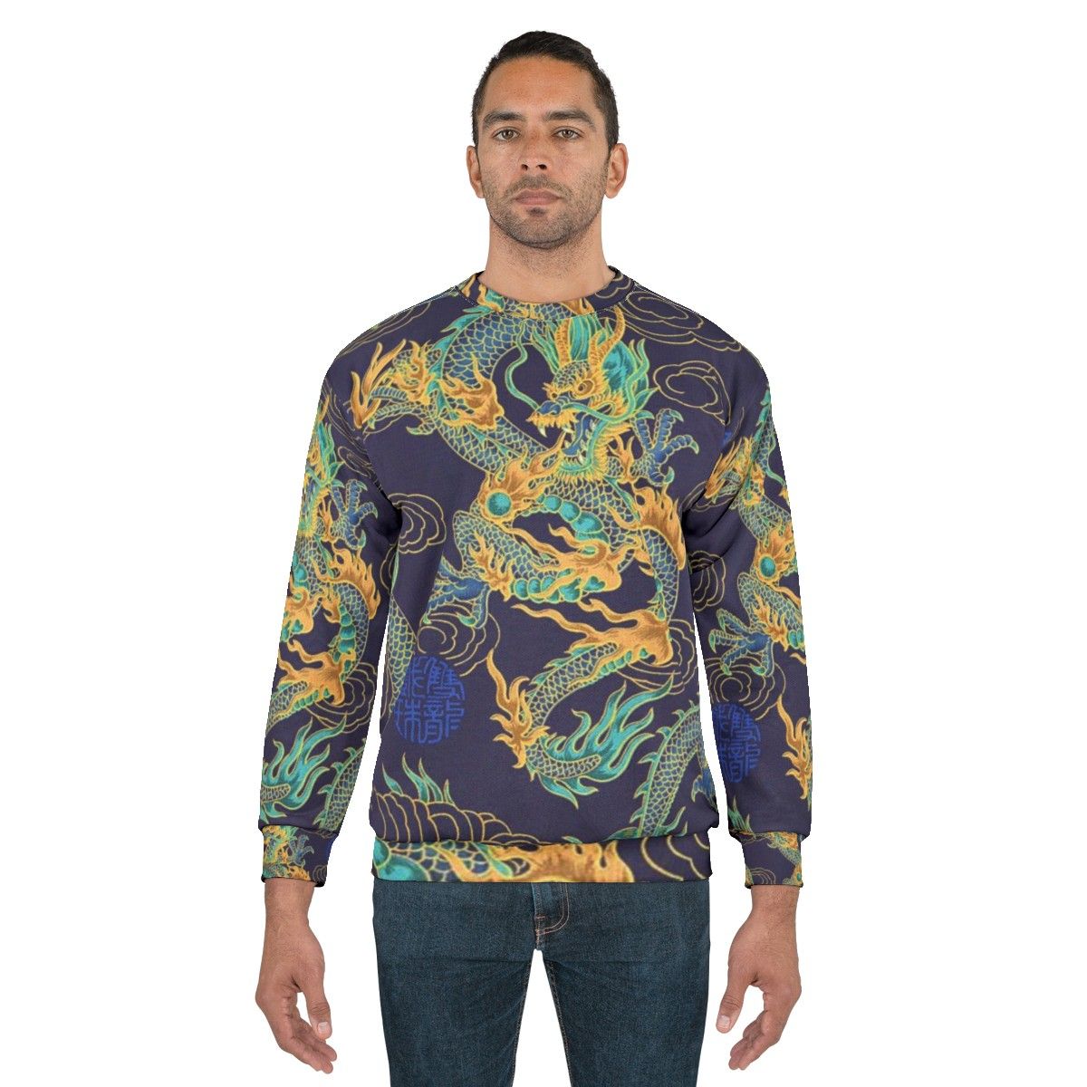 Gilded dragon design on a blue sweatshirt - men