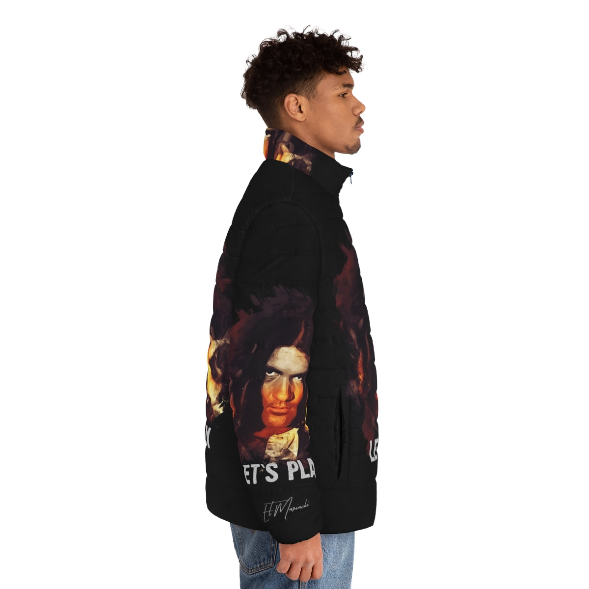 El Mariachi Puffer Jacket, featuring a guitar-playing protagonist from the iconic film - men side right