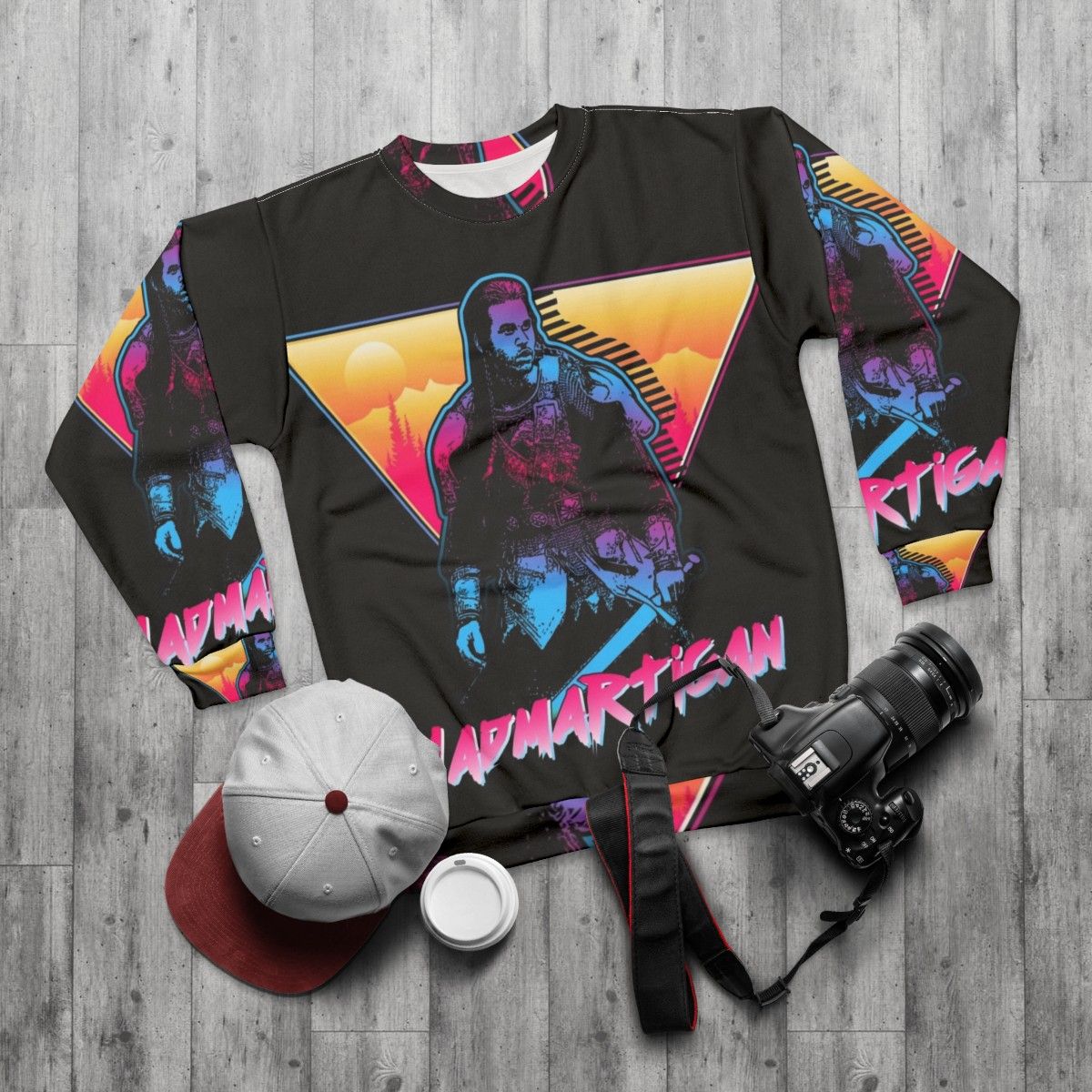 Madmartigan Outrun Style Sweatshirt - Willow Movie Fan Art - flat lay