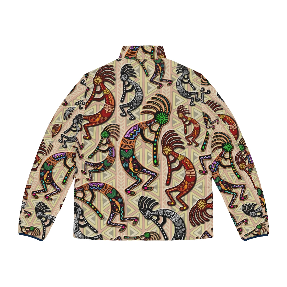 Kokopelli tribal pattern puffer jacket with native american mythological design - Back