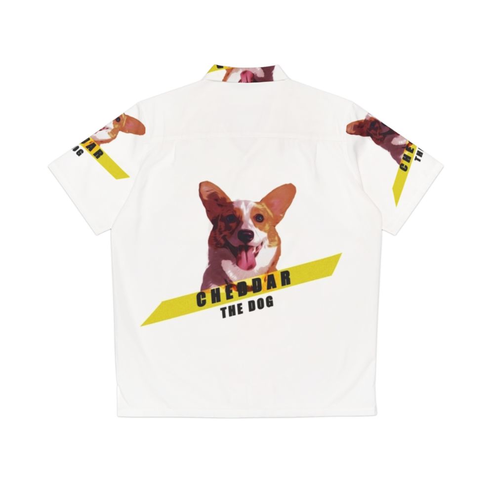 Cheddar the dog from Brooklyn Nine-Nine wearing a colorful Hawaiian shirt - Back