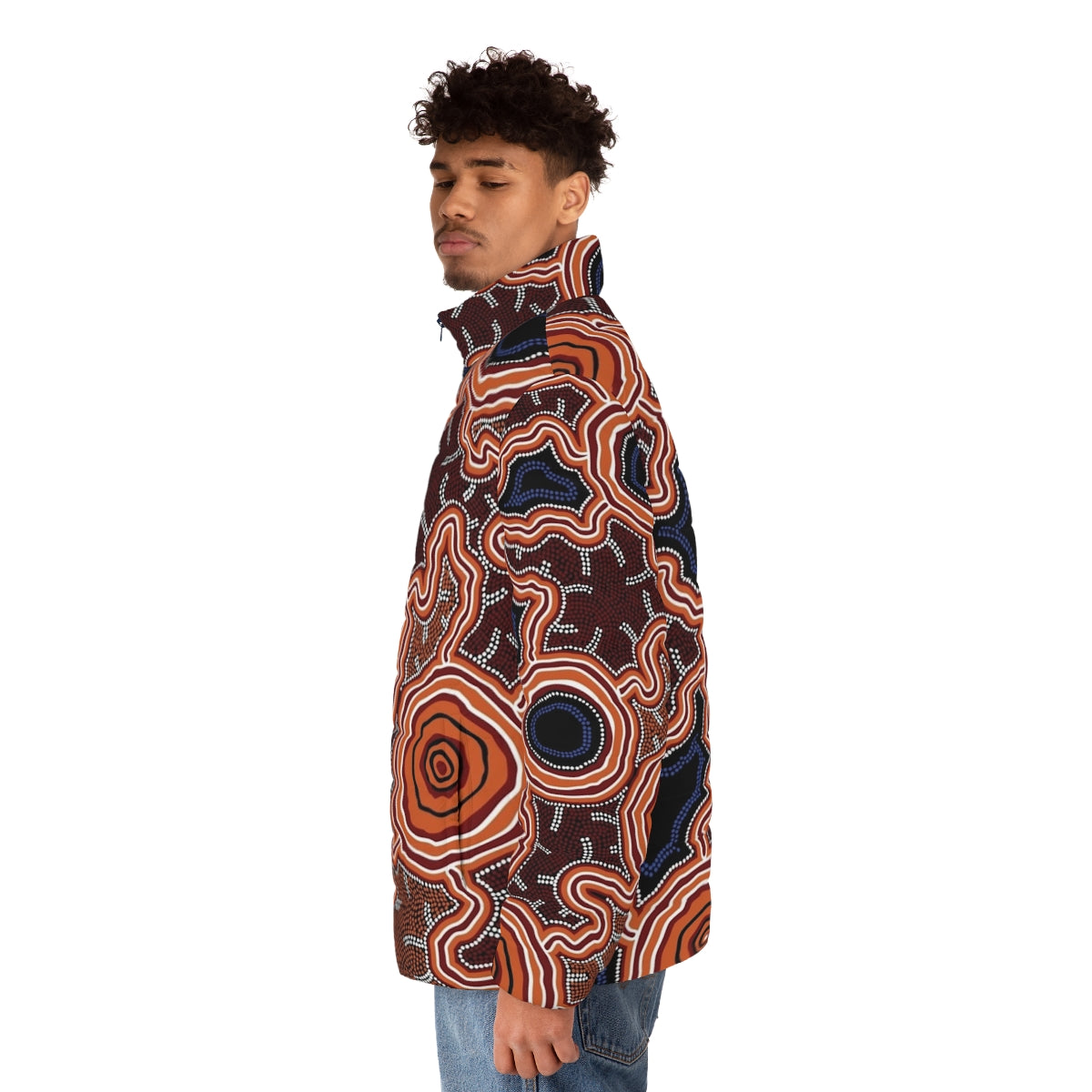 Authentic Aboriginal Art Puffer Jacket featuring traditional Australian indigenous designs - men side left