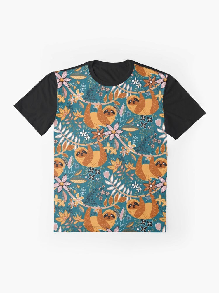 A happy, boho-style graphic t-shirt featuring a sloth surrounded by colorful floral patterns in teal, orange, brown, and blush. - Flat lay