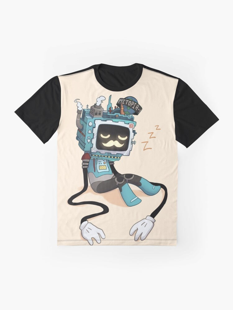 Sleepy Grumbot character from Hermitcraft on a graphic t-shirt - Flat lay