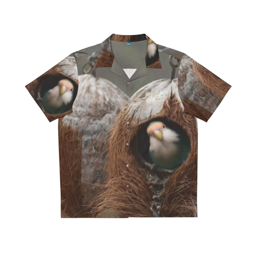 Colorful Hawaiian shirt with birds, feathers, and nature motifs