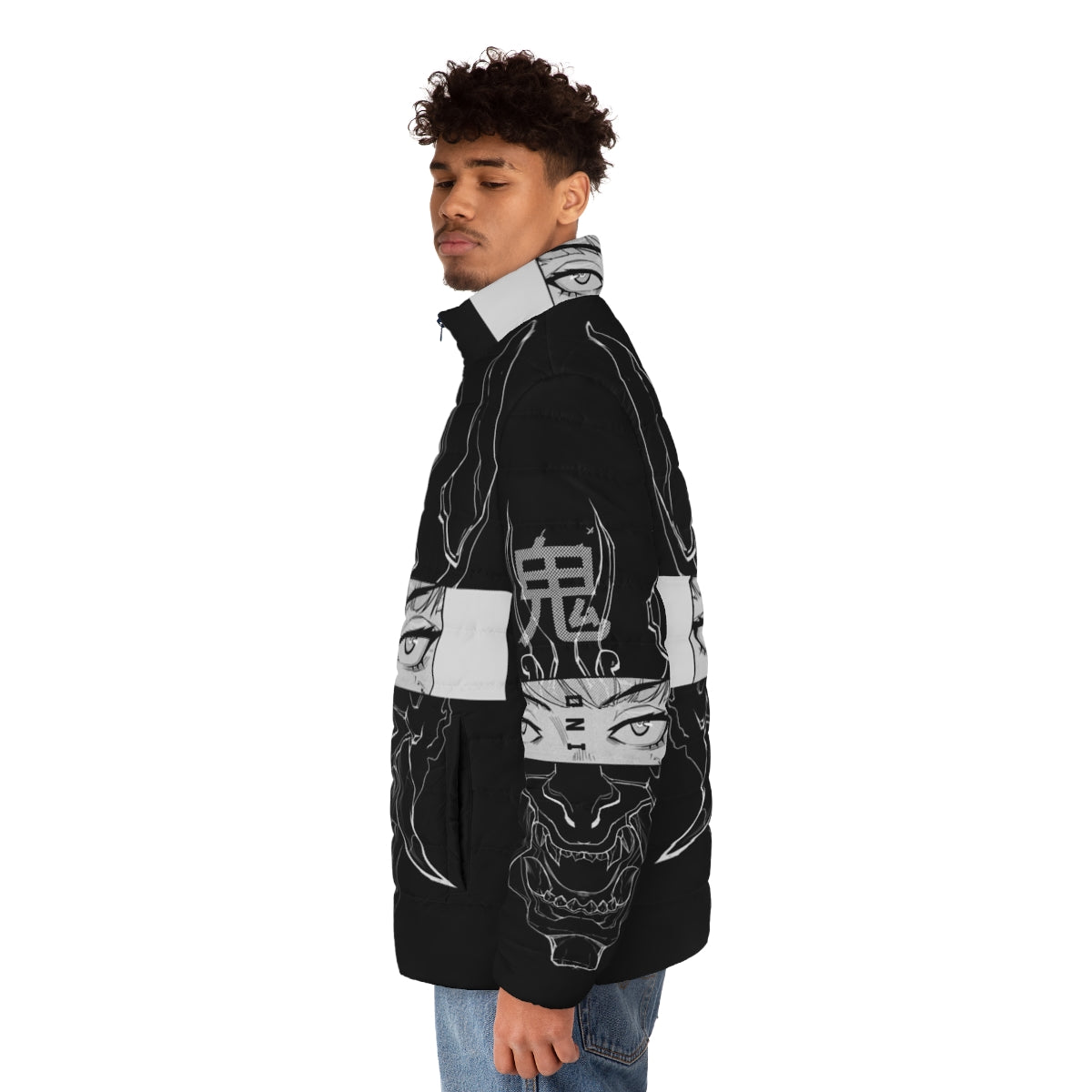 Oni Puffer Jacket 2 featuring Japanese folklore-inspired design and futuristic elements - men side left