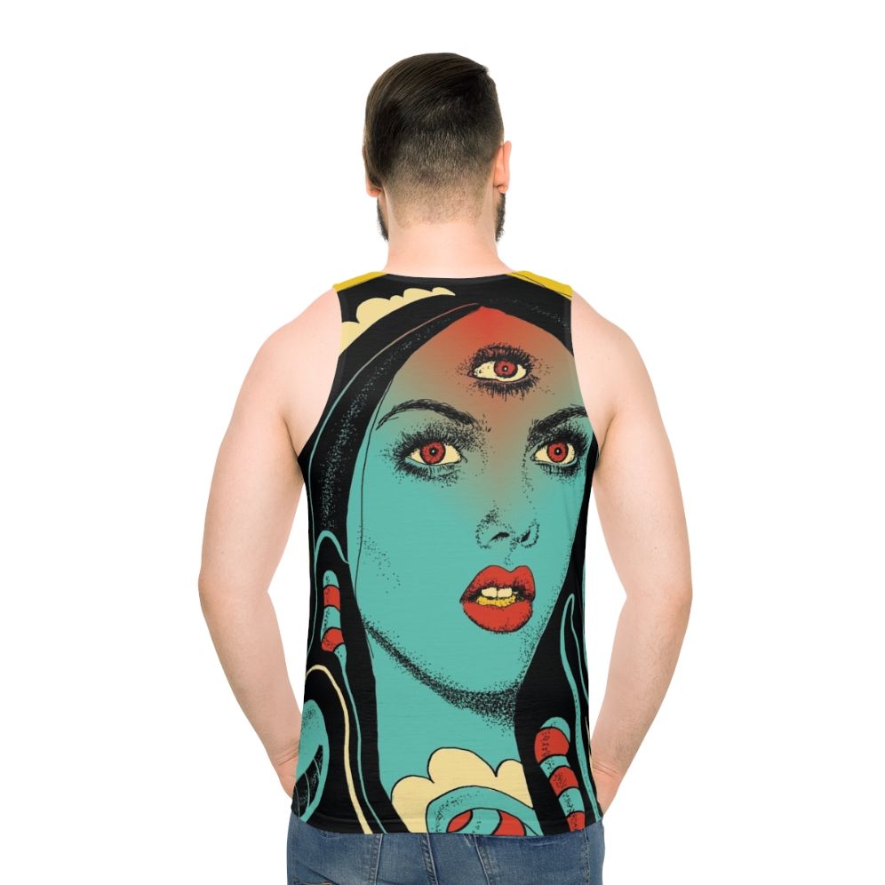 Unisex tank top with psychedelic, spiritual, and mystical design - men back