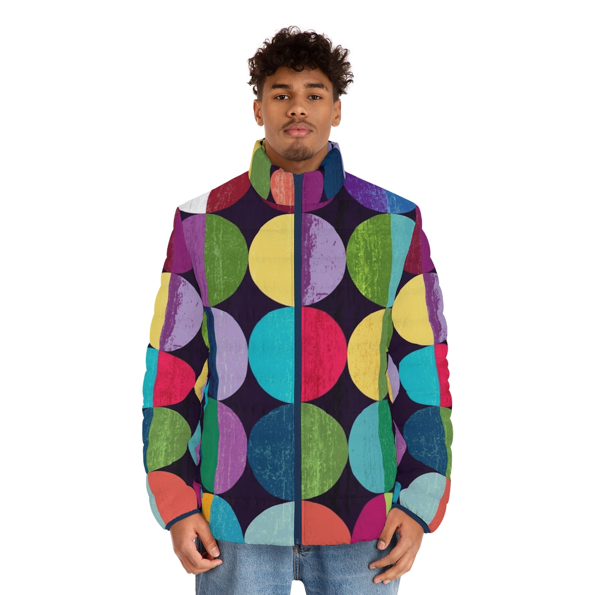 Fashionable moon-patterned puffer jacket with geometric design - men front