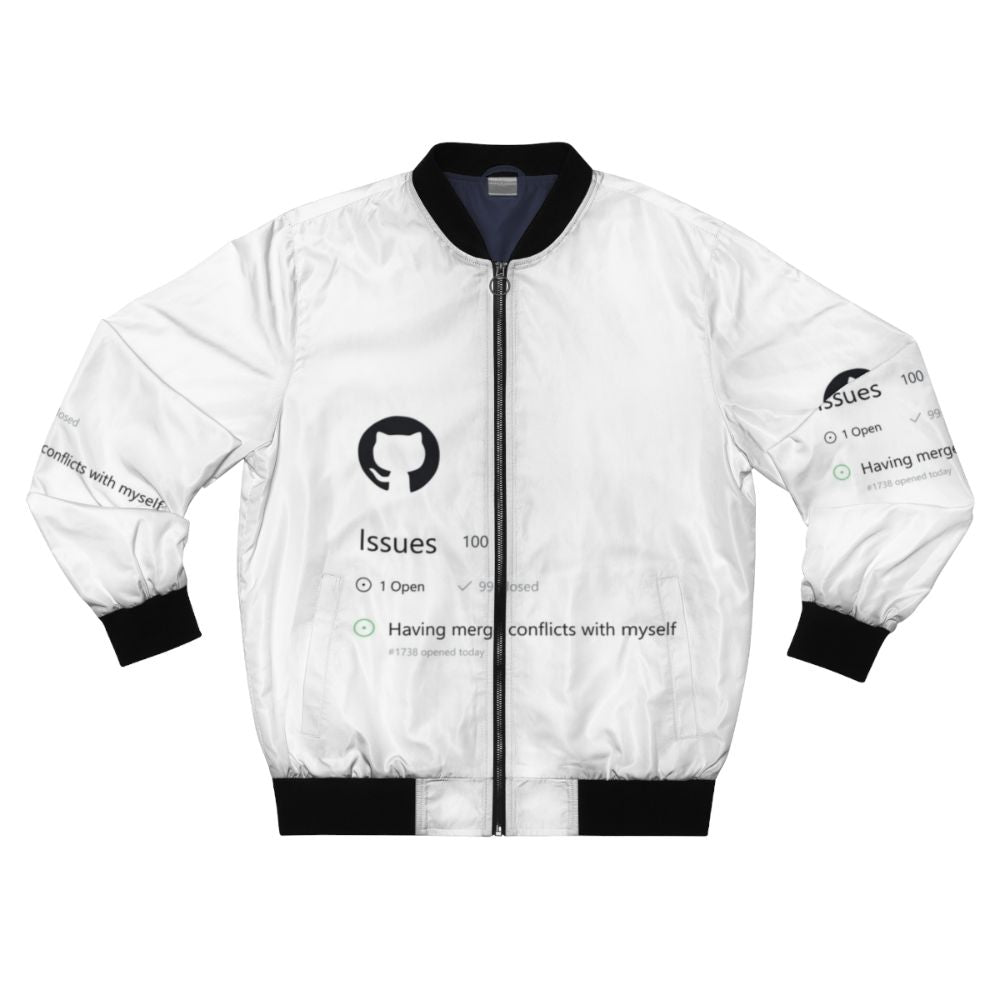 Bomber jacket with a humorous "Having Merge Conflicts with Myself" design for programmers and software engineers.