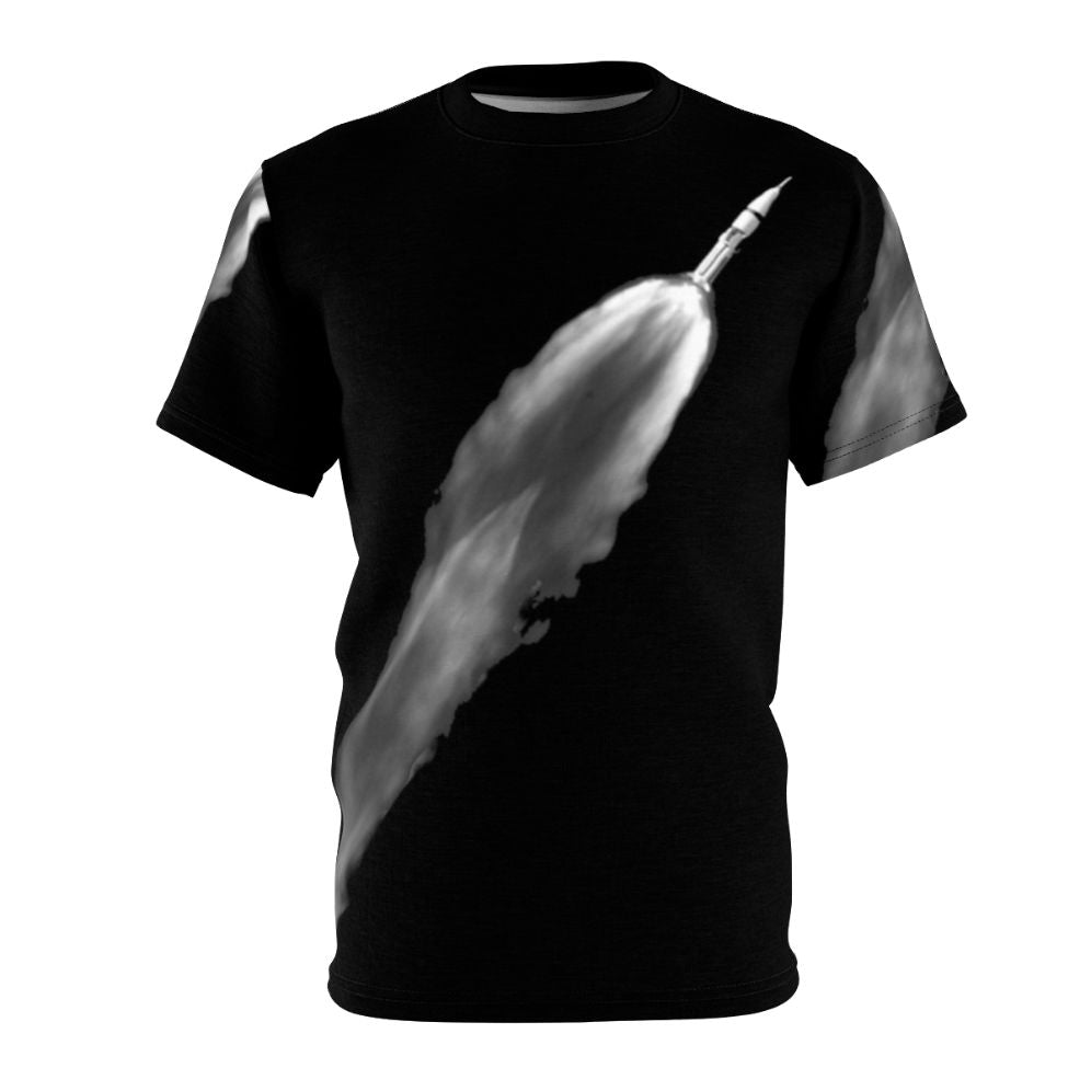 Space-themed graphic t-shirt design featuring a rocket launch