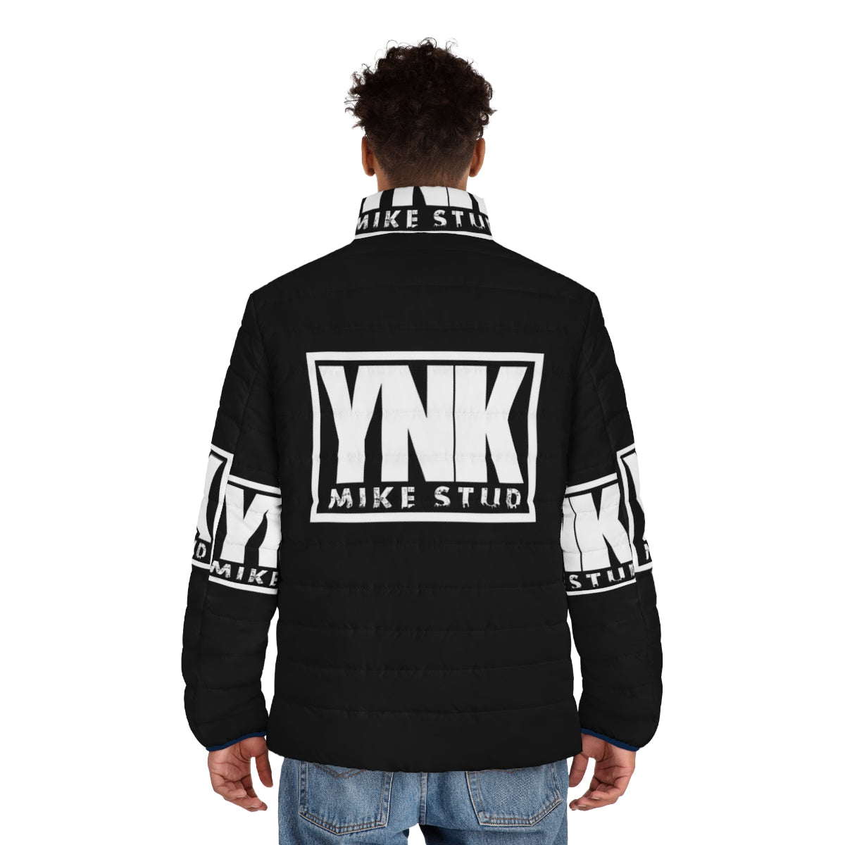 Ynk Mike Stud inspired white puffer jacket with fan art design - men back