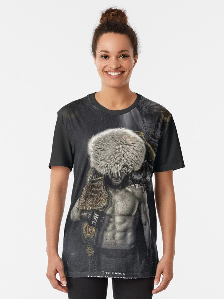 Khabib Nurmagomedov, the undefeated UFC lightweight champion and GOAT, featured on a graphic t-shirt design. - Women