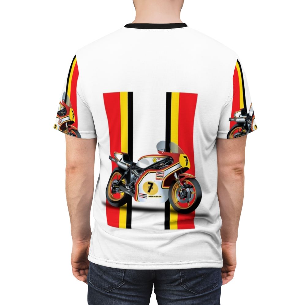 Vintage-style graphic t-shirt featuring Barry Sheene, the legendary motorcycle racer - men back