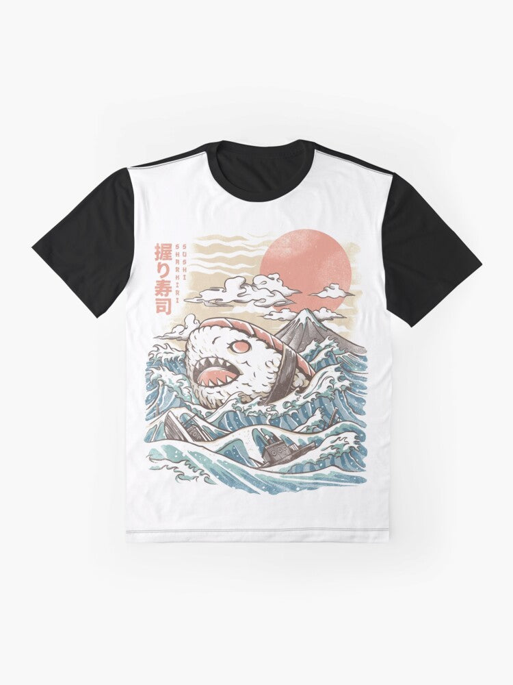 A graphic t-shirt with a sushi shark design inspired by Japanese art and culture. - Flat lay