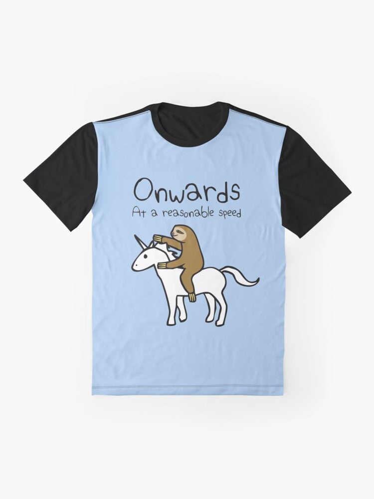 Illustration of a sloth riding a unicorn with the text "Onwards! At A Reasonable Speed" - Flat lay