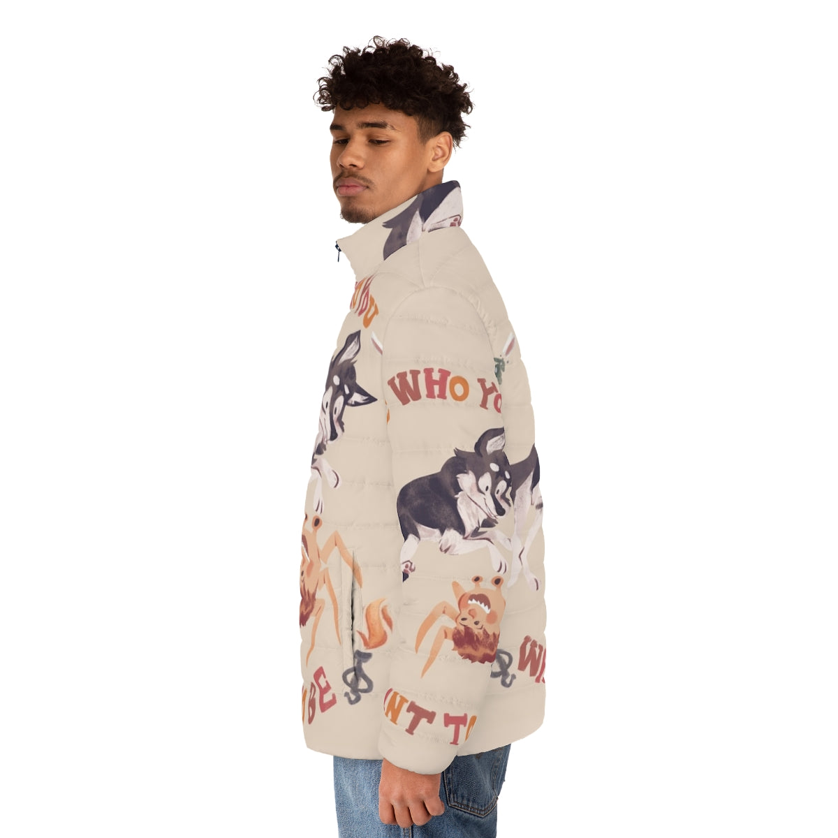 Be Who You Want to Be Puffer Jacket - Horror movie inspired outerwear with dog motif - men side left