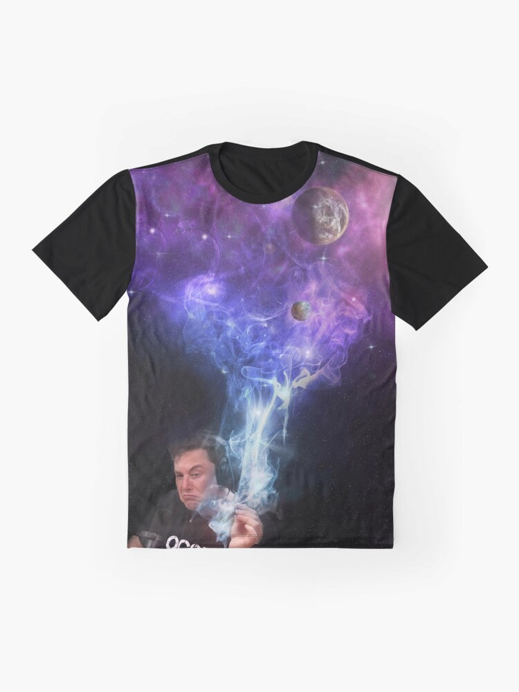 Elon Musk smoking a joint with the universe in the background on a graphic t-shirt - Flat lay