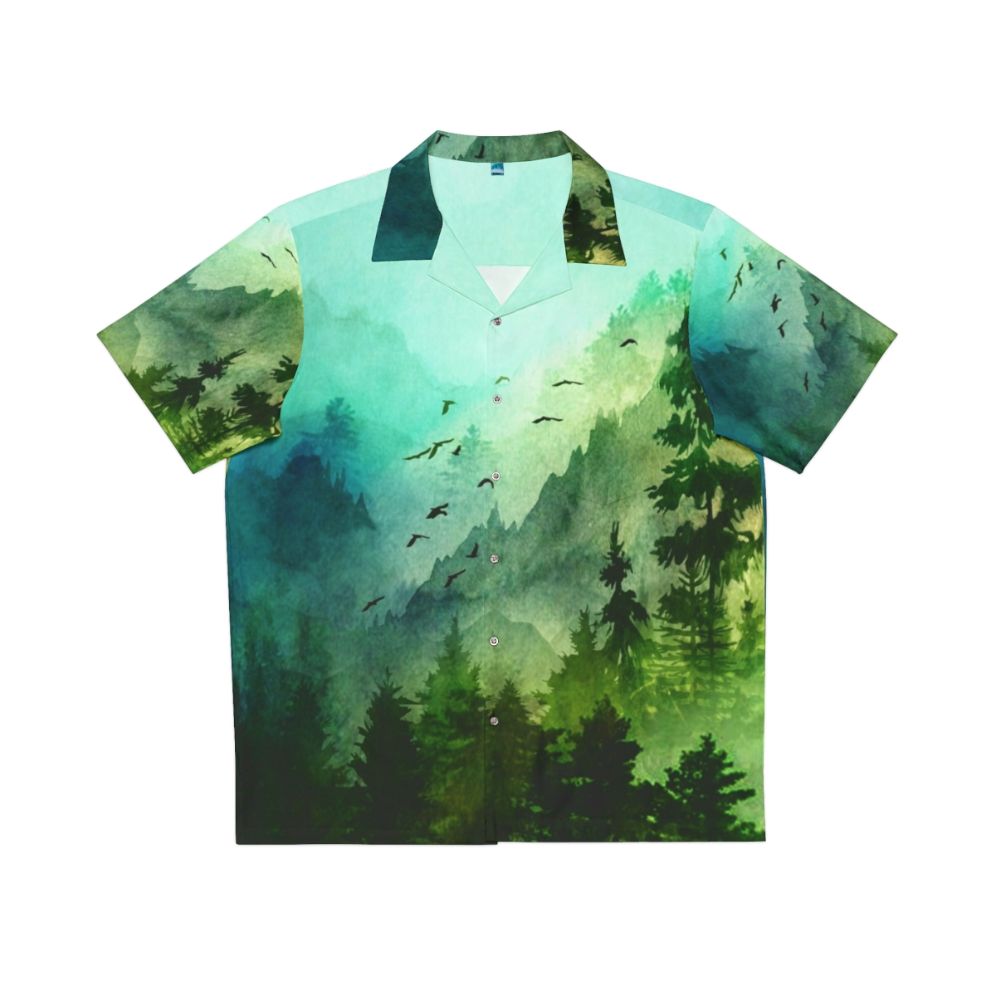 Watercolor Mountain Hawaiian Shirt with Pine Forest and Nature Scenery