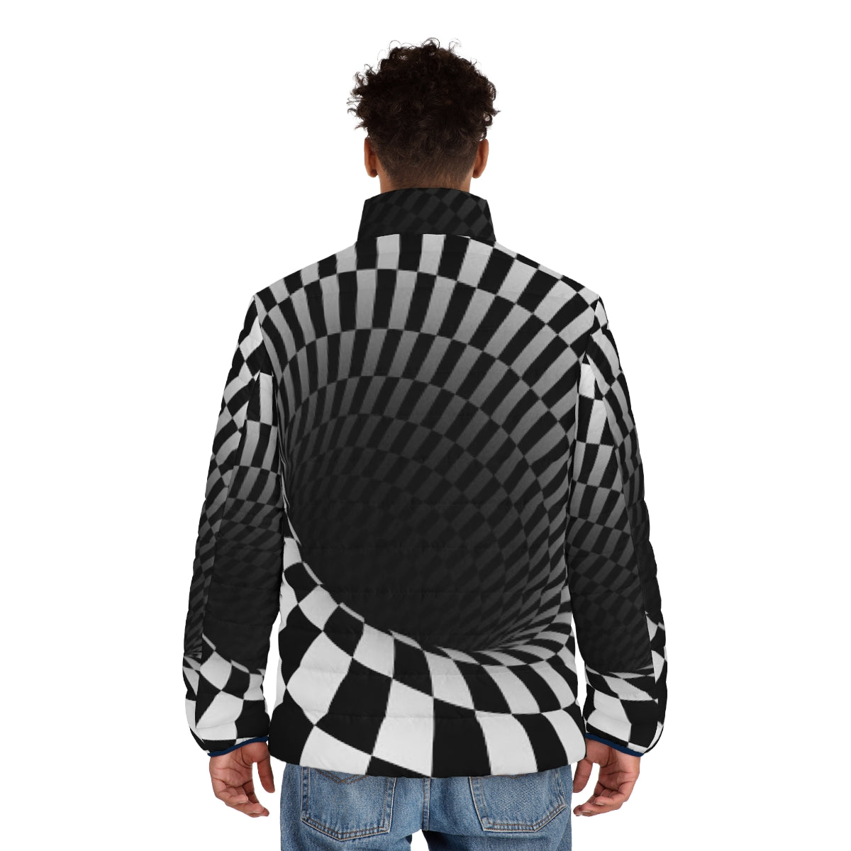 A black and white puffer jacket with an optical illusion checkerboard pattern - men back