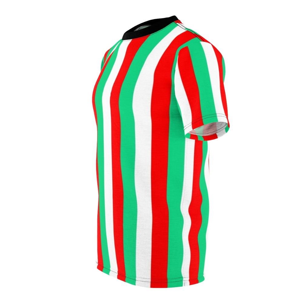 Vibrant red, green, and white striped t-shirt with a bold, graphic design - men left