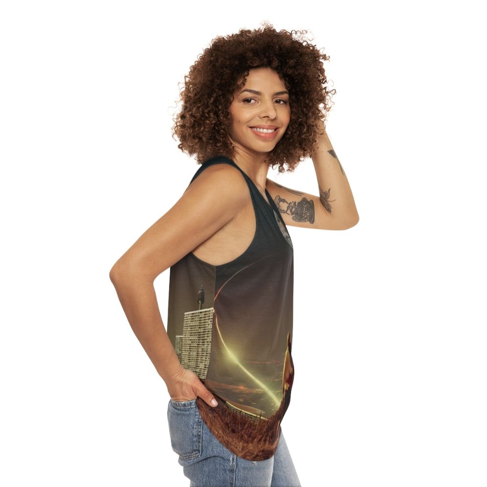 Surreal unisex tank top featuring a couple in a retro-futuristic urban landscape - women side