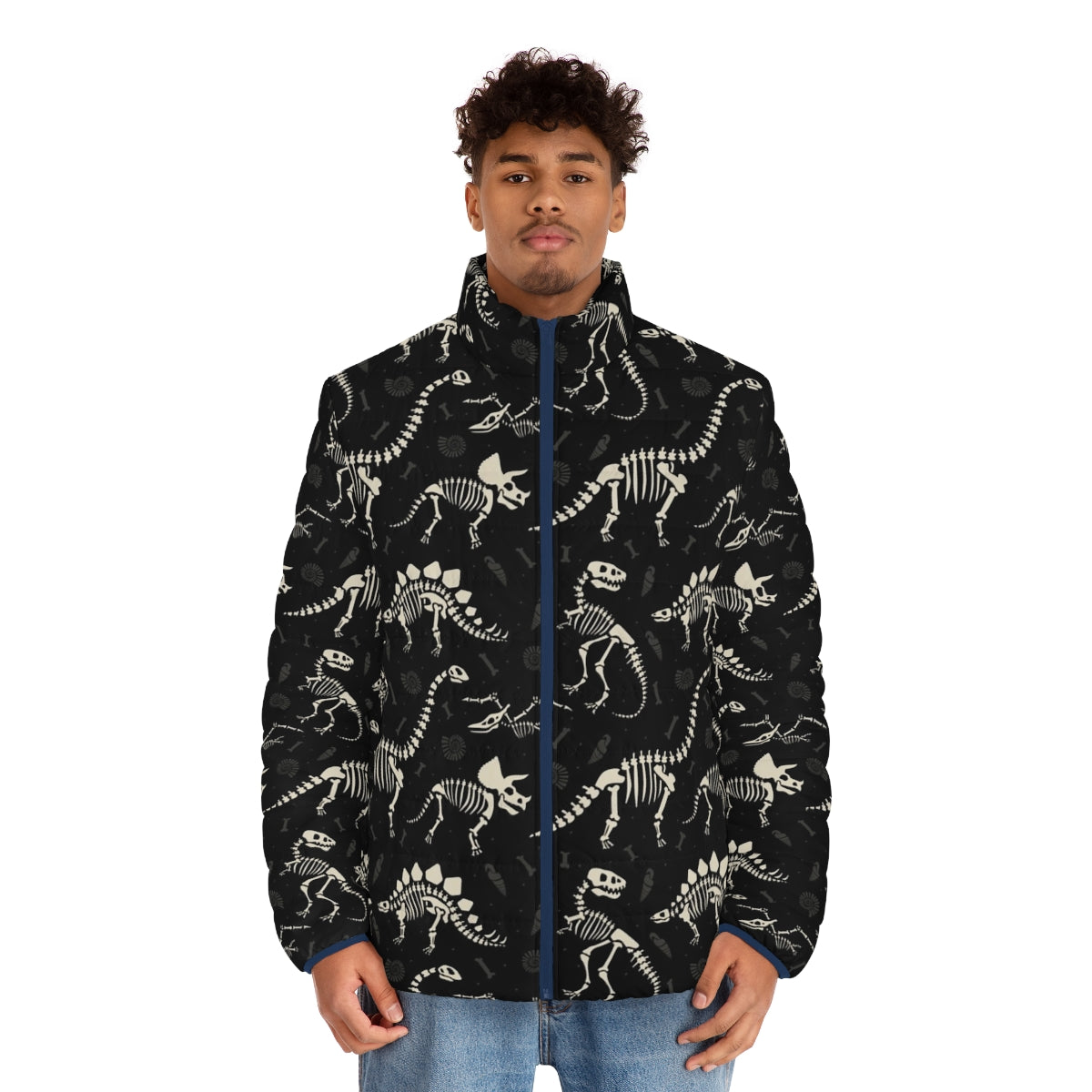 Black puffer jacket with a dinosaur fossil pattern design - men front