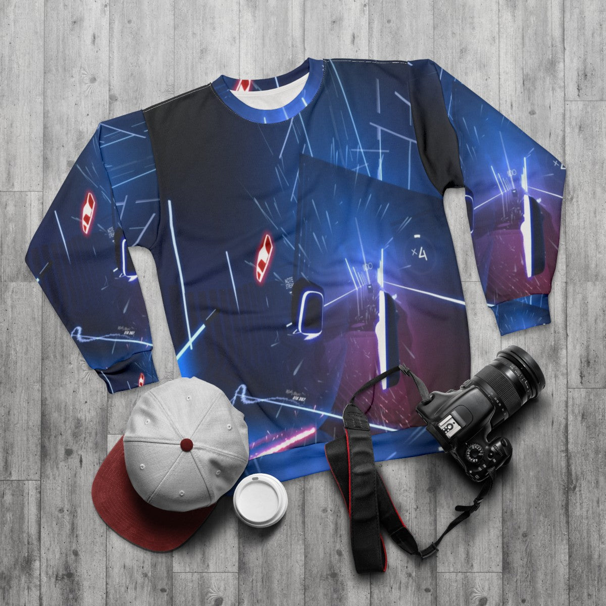 Virtual world sweatshirt with gaming and dance design - flat lay