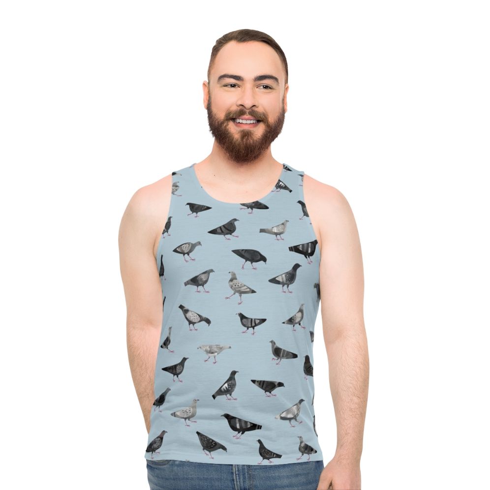 Pigeons doing pigeon things on a gray unisex tank top - men