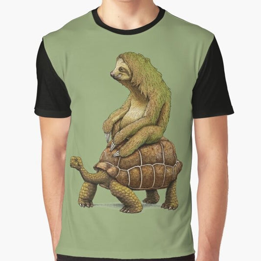 A graphic t-shirt design featuring a sloth riding a turtle, with the text "Speed is Relative".