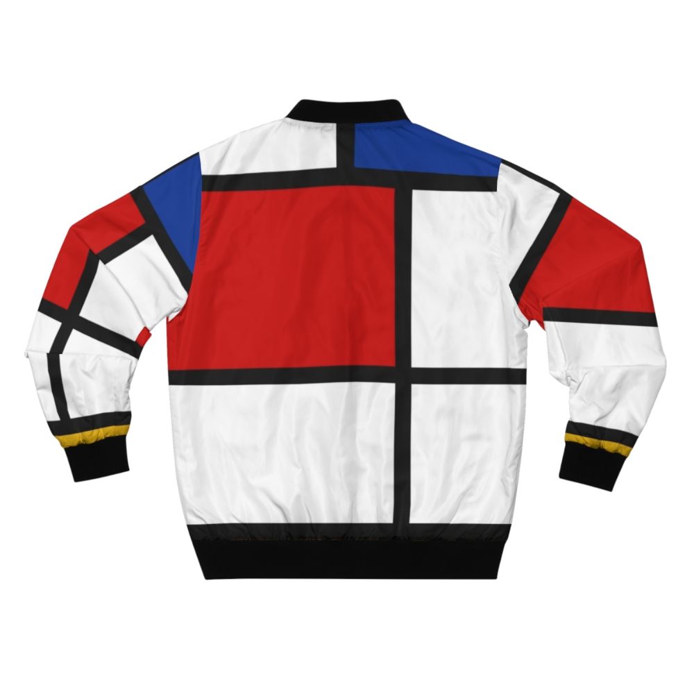 A men's bomber jacket with a Mondrian-inspired abstract geometric pattern in primary colors of red, yellow, and blue. - Back