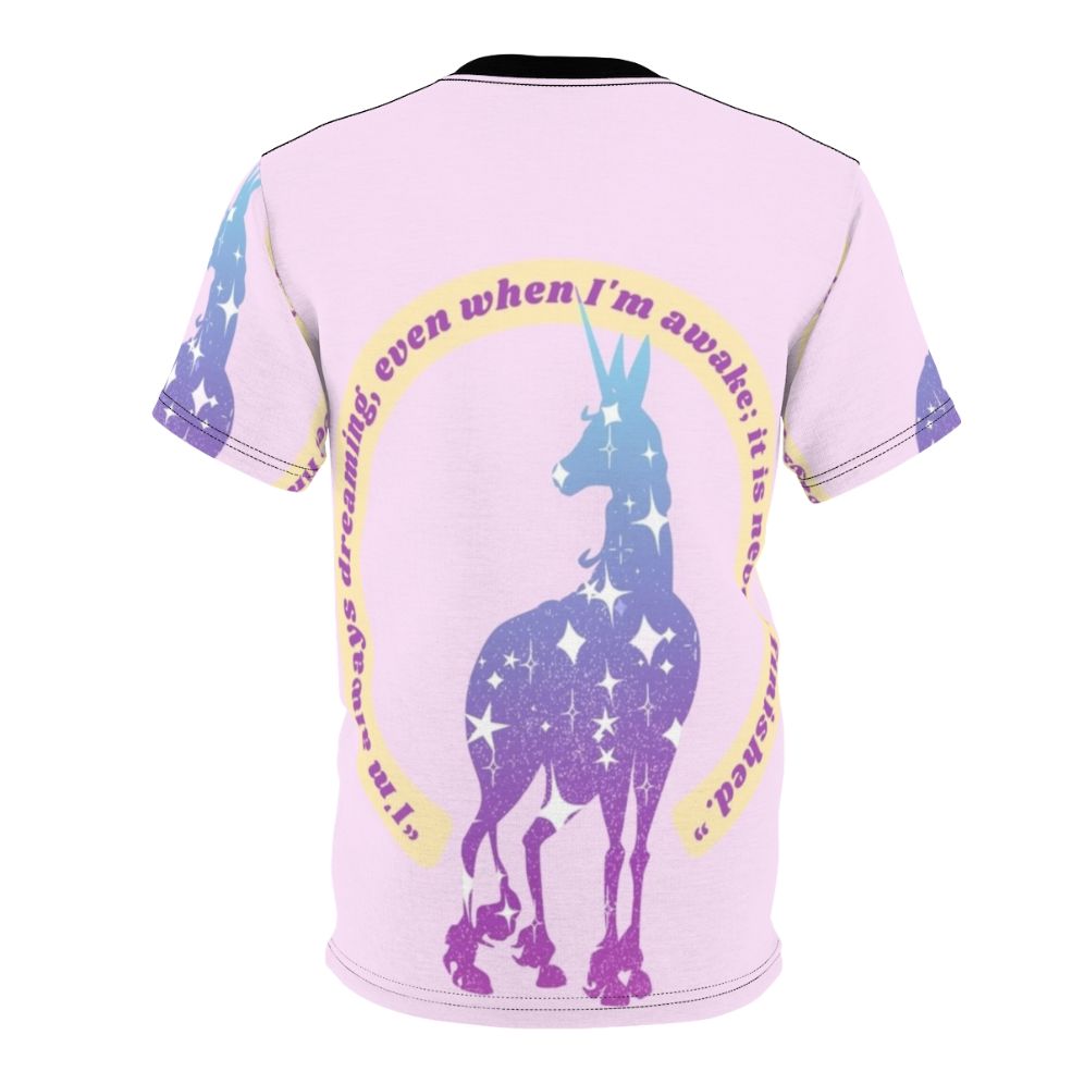 Artistic depiction of Lady Amalthea, the last unicorn, in a dreamy 80s fantasy design on a high-quality t-shirt - Back