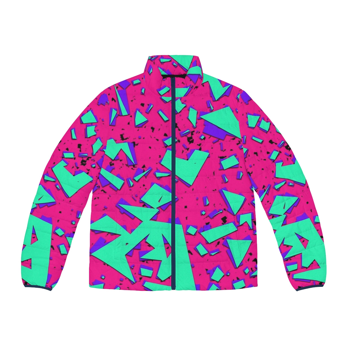 Teal and pink 90s inspired abstract geometric pattern puffer jacket