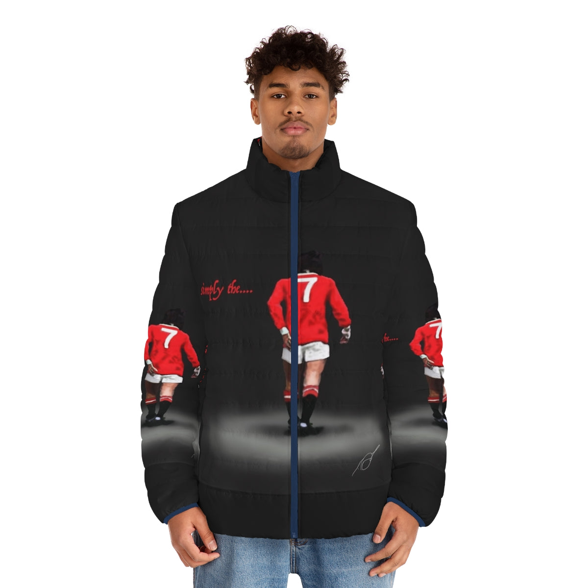 Stylish puffer jacket featuring a digital drawing of football legend George Best - men front