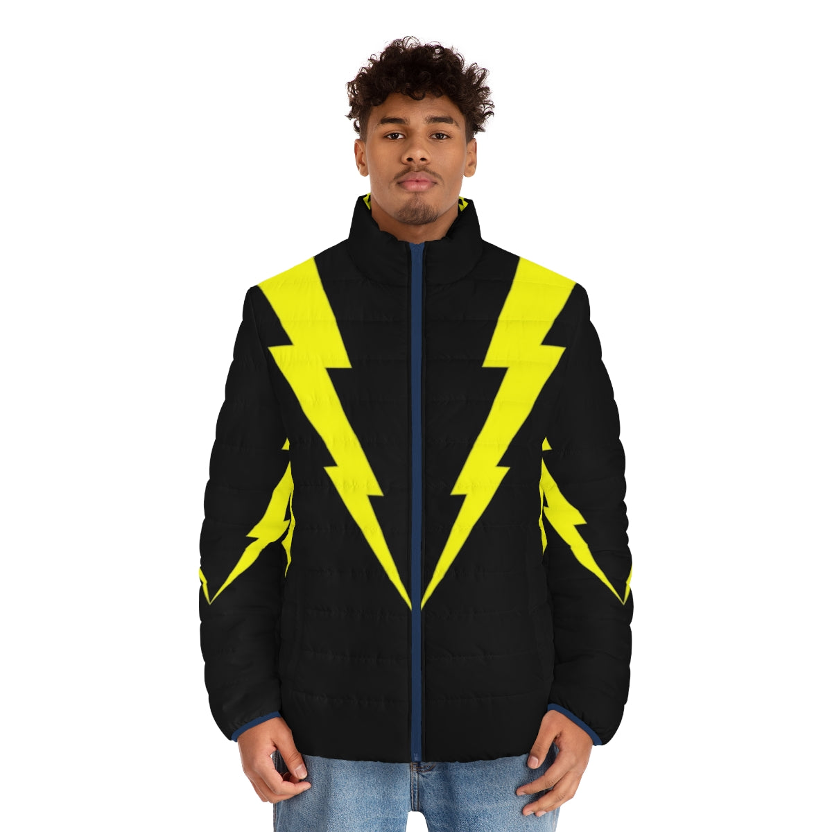 Electrifying lightning bolt puffer jacket with sci-fi inspired design - men front