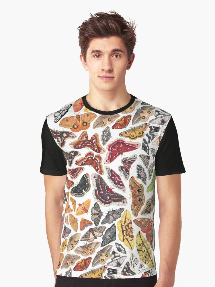 Graphic t-shirt featuring a pattern of saturniid moths, common insects found in North America - Men