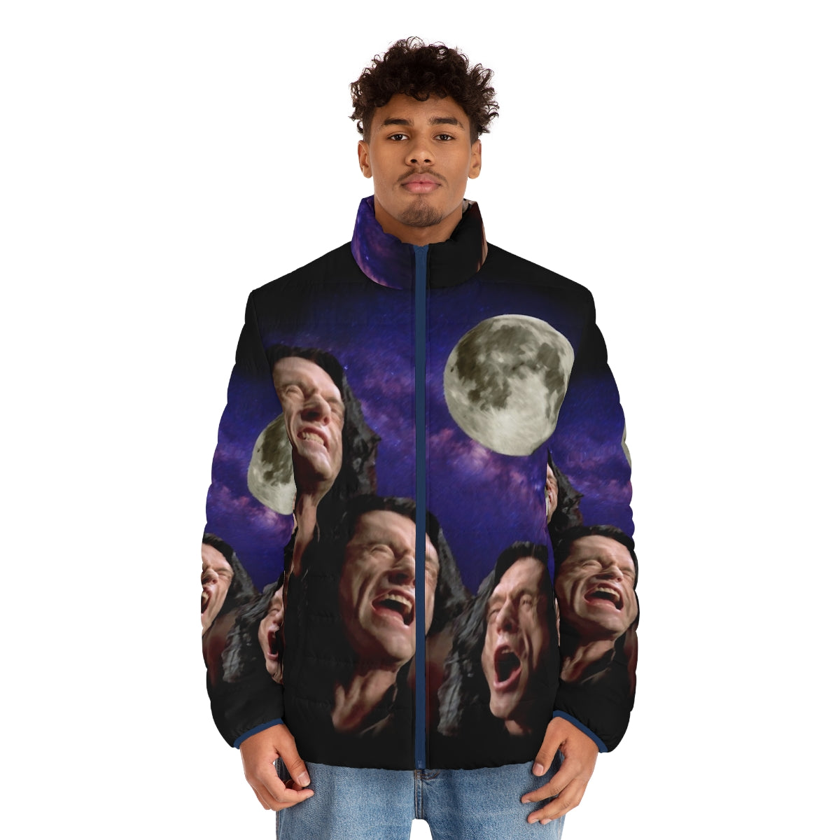 Three Wiseau Moon Puffer Jacket featuring Tommy Wiseau and the iconic Three Wolf Moon design - men front