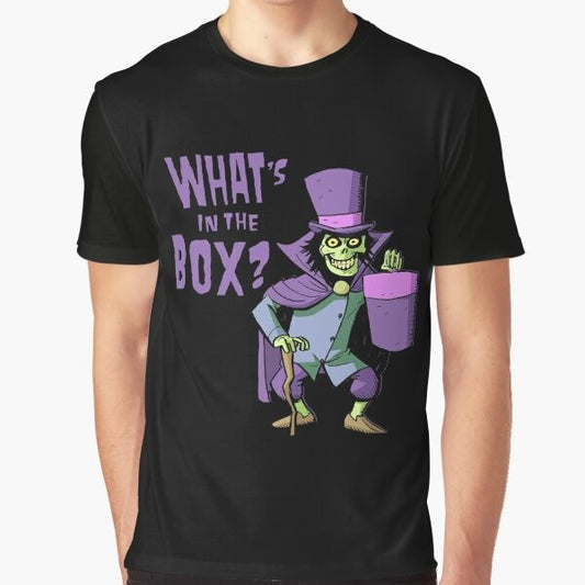 A graphic t-shirt design featuring a haunted mansion and a mysterious hatbox, with spooky and creepy elements.