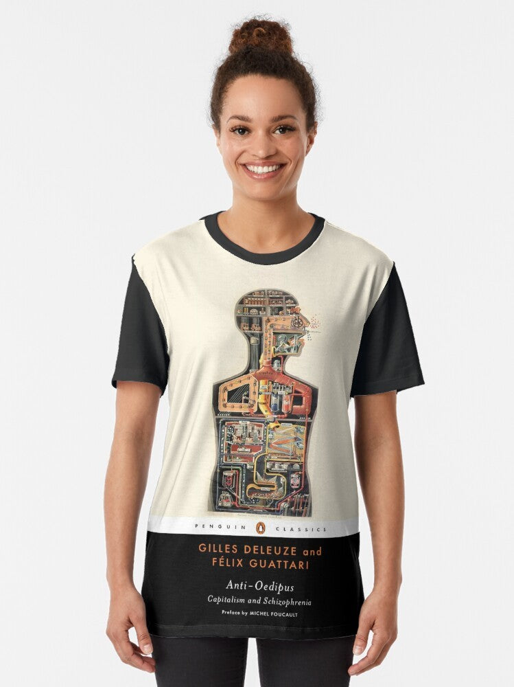 Graphic t-shirt featuring the iconic book cover of Deleuze and Guattari's "Anti Oedipus" - Women