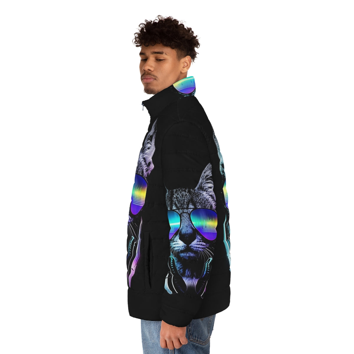 Music Lover Cat Puffer Jacket with Neon Equalizer Graphics and City Skyline - men side left