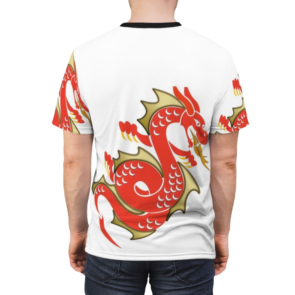 Model wearing a red t-shirt with a dragon design, a mystical and legendary creature from the film Raya and the Last Dragon. - men back