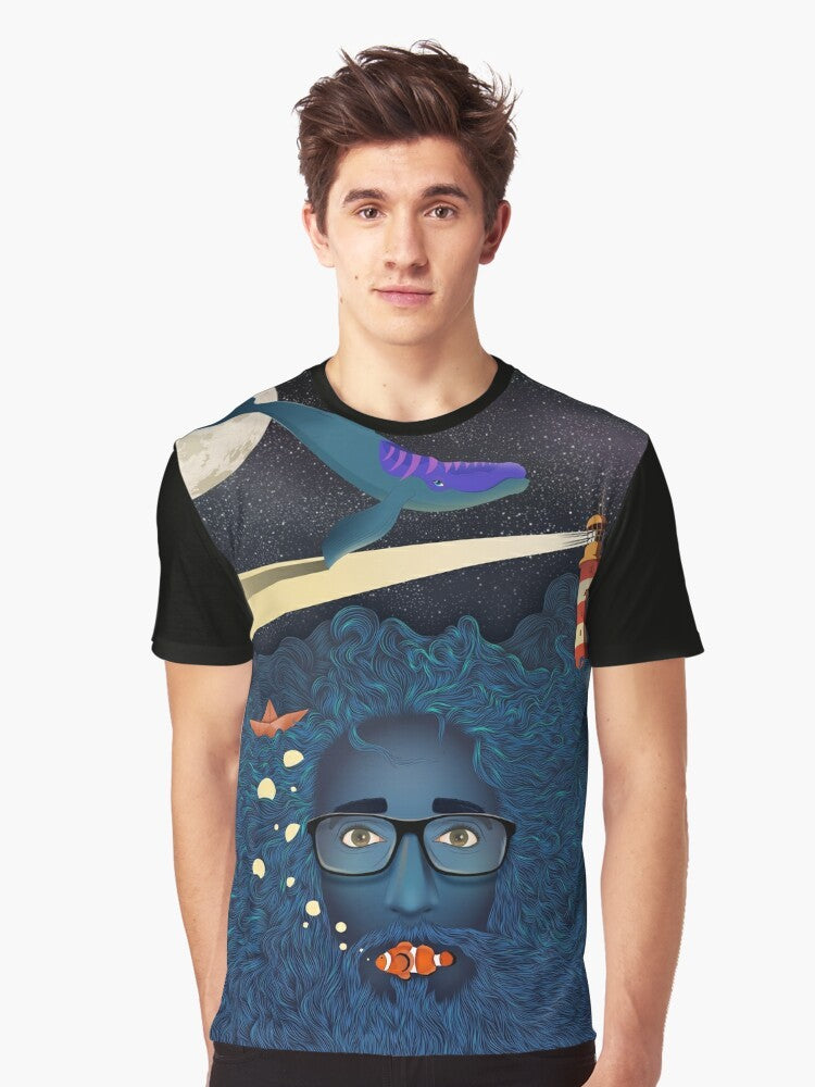 A graphic t-shirt featuring a dreamy, fantasy-inspired design with a whale, stars, and ocean elements. - Men