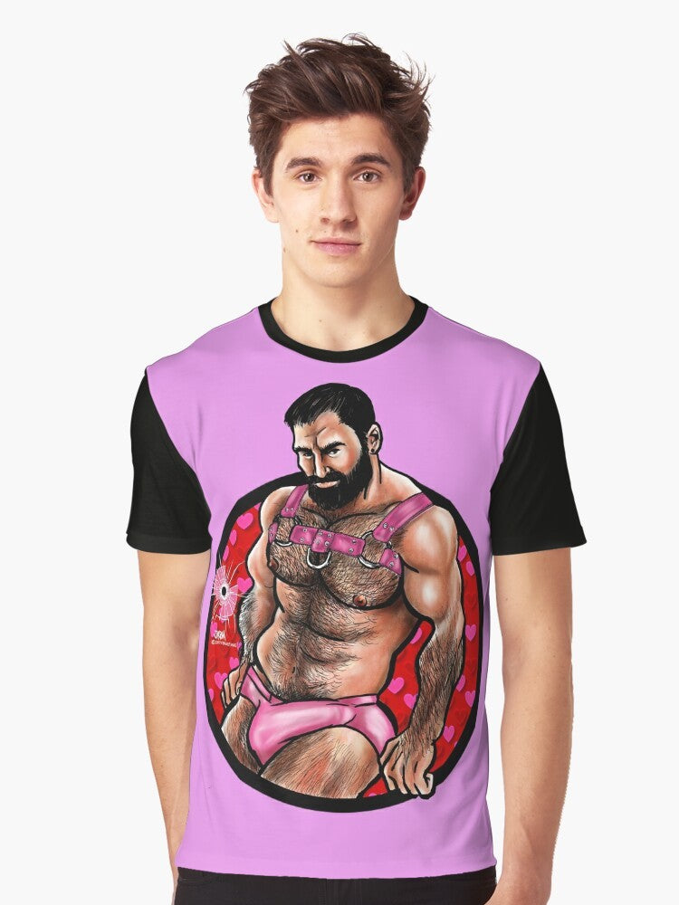 Muscular bearded man wearing a graphic t-shirt with a "Bullet Hole Love" design for Valentine's Day - Men