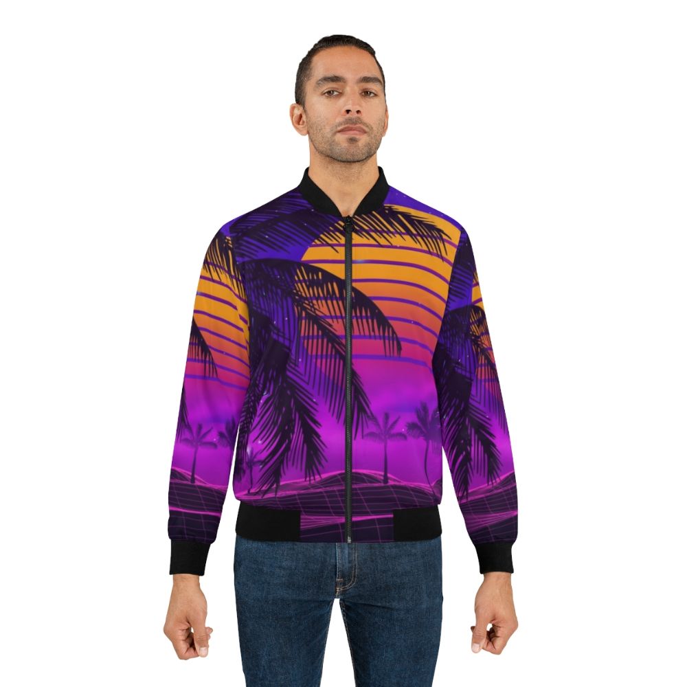 80s synthwave bomber jacket with retro futuristic sunset aesthetic design - Lifestyle