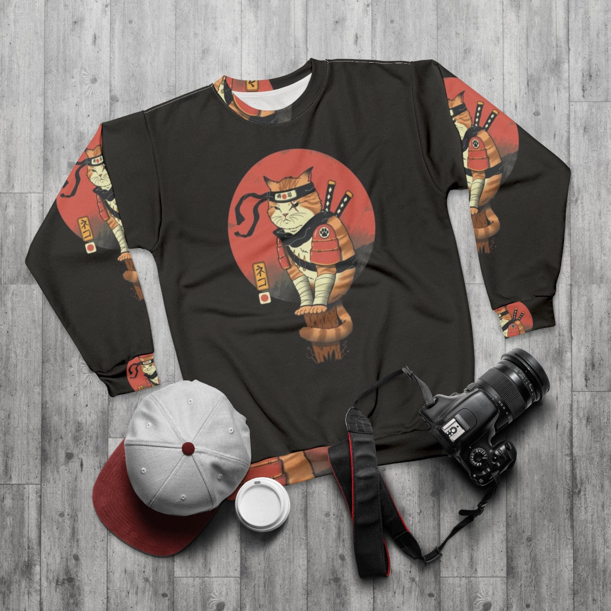 Shinobi cat sweatshirt featuring Japanese art and traditional design - flat lay