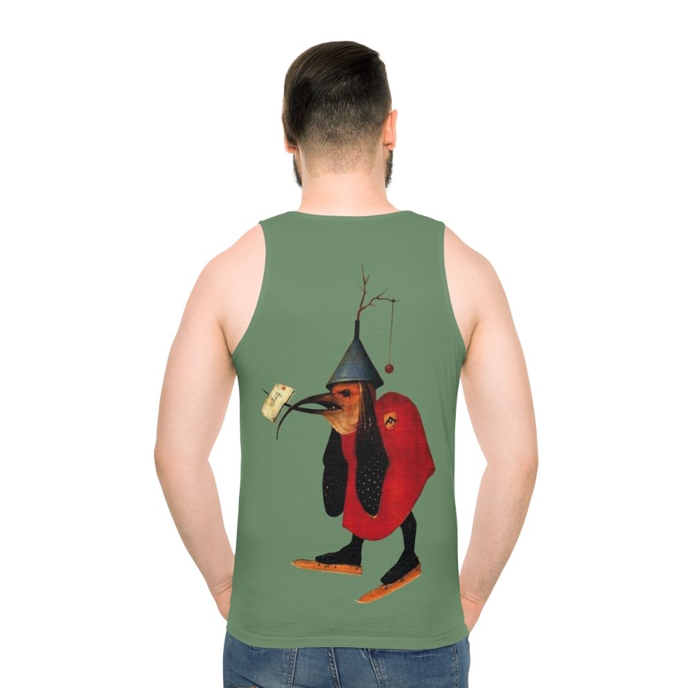 Bosch Bird with Letter Unisex Tank Top featuring a vintage Hieronymus Bosch inspired illustration - men back