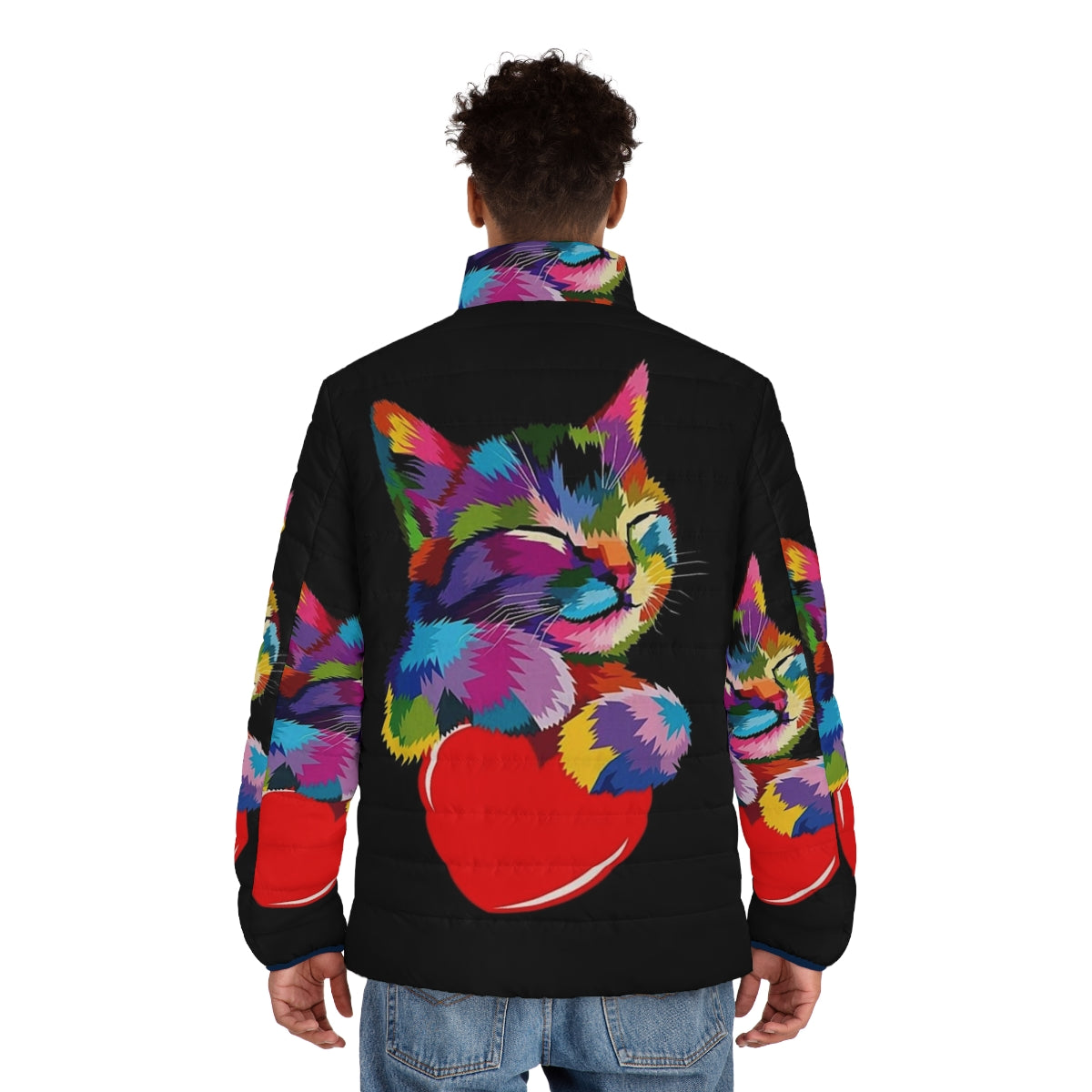 Colorful cat puffer jacket with a heart design - men back