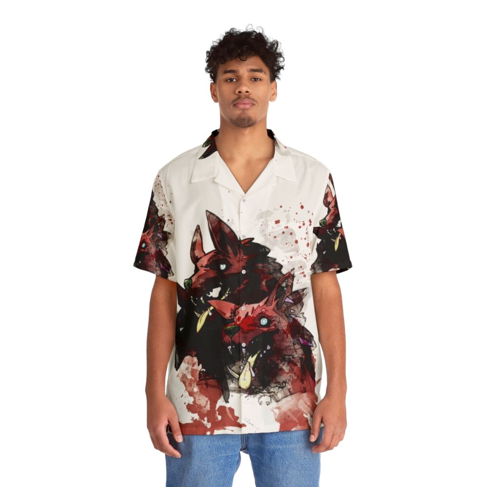 Cerberus hound of hades painting on a colorful hawaiian shirt - People Front