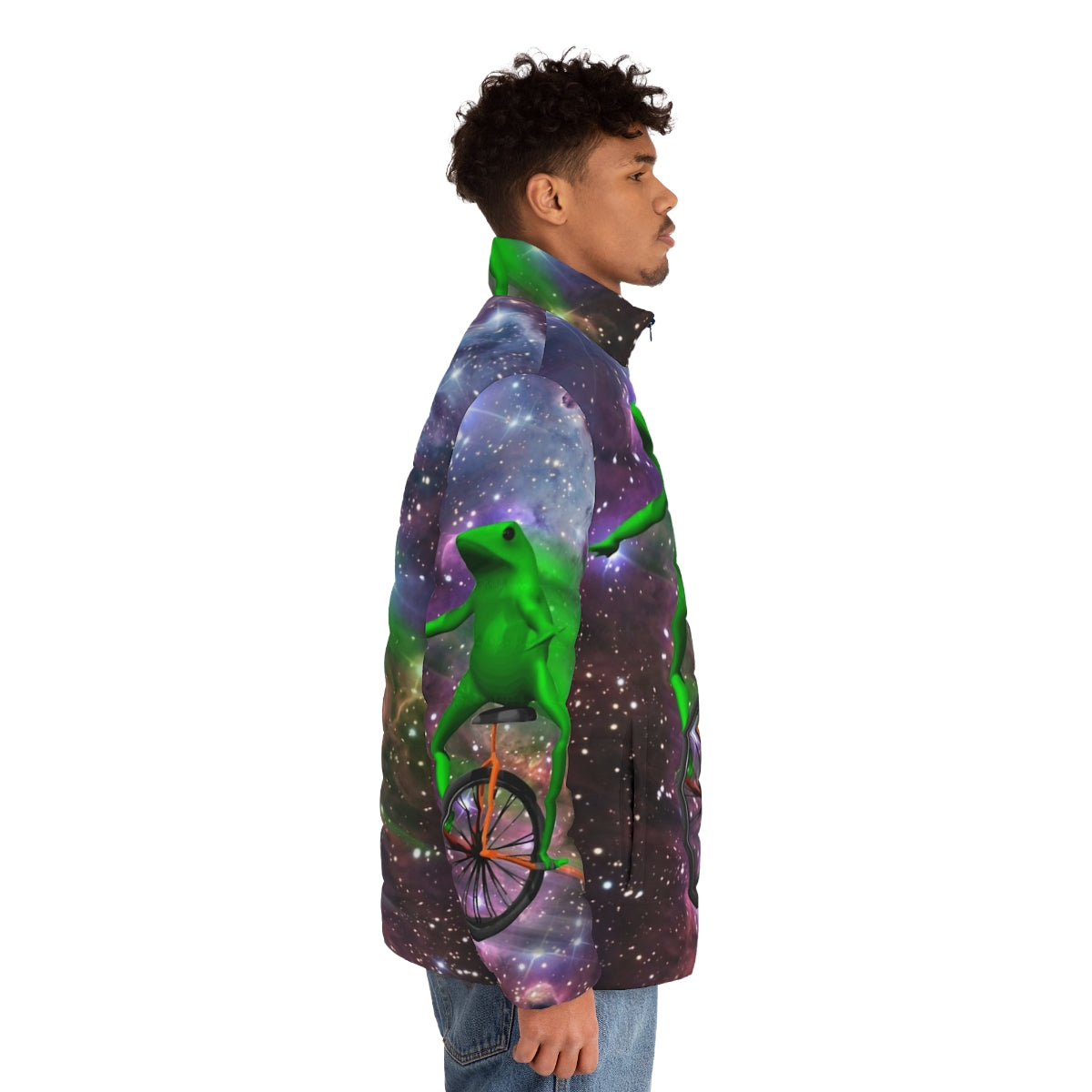 Dat Boi meme puffer jacket with astronaut and outer space design - men side right