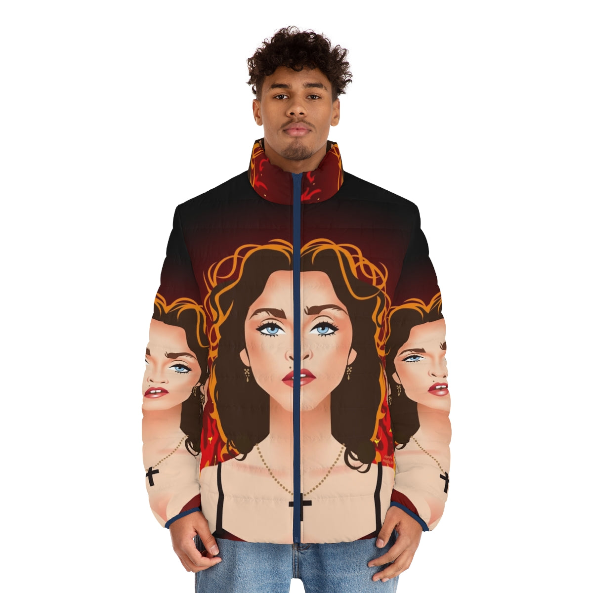 Prayer Puffer Jacket featuring Alejandro Mogollo's fiery pop art cross design - men front