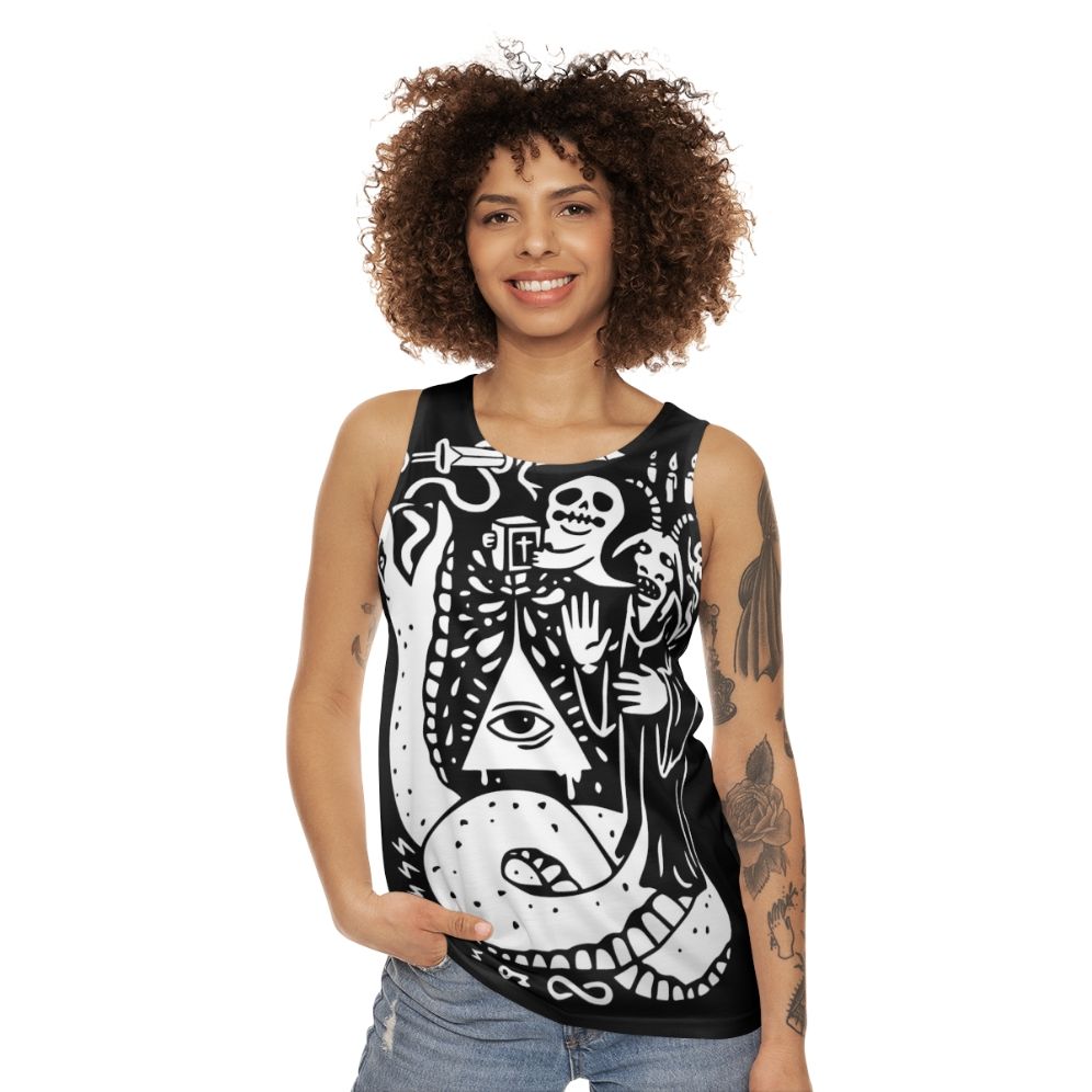 Occult unisex tank top with mystical cult design - women